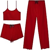 QLVKYW 3 Piece Pajamas for Women Set Sexy Cami Shorts and Pjs Pants Sleepwear Soft Lounge Set