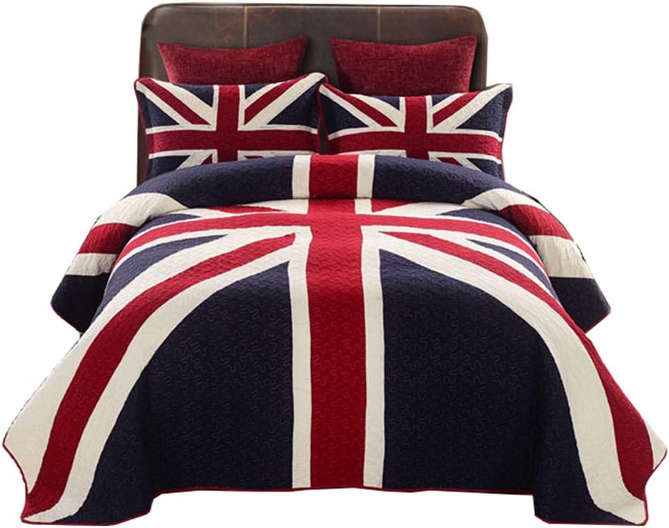 DECB 3 Piece Union Jack Bedspread Reversible Comforter Set Patchwork Coverlet 100% Cotton Quilted Bedding Set 1 Quilt, 2 Pillow Shams,230 * 250cm