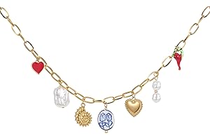 ALYXUY Trendy Stainless Steel Gold Plated Charm Necklace with Heart Pearl Pepper Conch Ceramic Pendant Necklace for Women Collares Chokers Jewelry