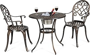 Giantex 3pcs Bistro Table Set Cast Aluminum Outdoor Patio Furniture Set Round Table W/Removable Ice Bucket, 2 Chairs Antique Garden Furniture Weather Resistant (Antique Bronze)