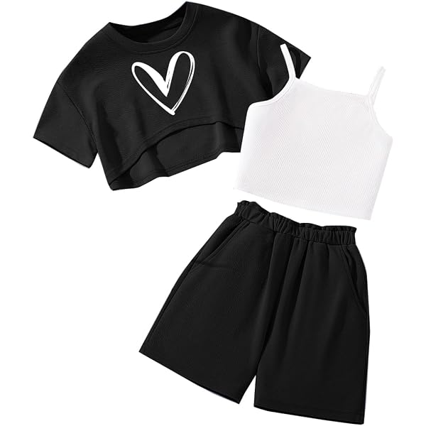 Hilinker Girls 3-Piece Summer Outfit - Graphic Crop Tee, Cami Top & Shorts Set - View #3