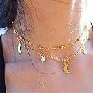 NEW Double-deck Star Moon Pattern Necklace Simple Style Short Gold Silver Chains