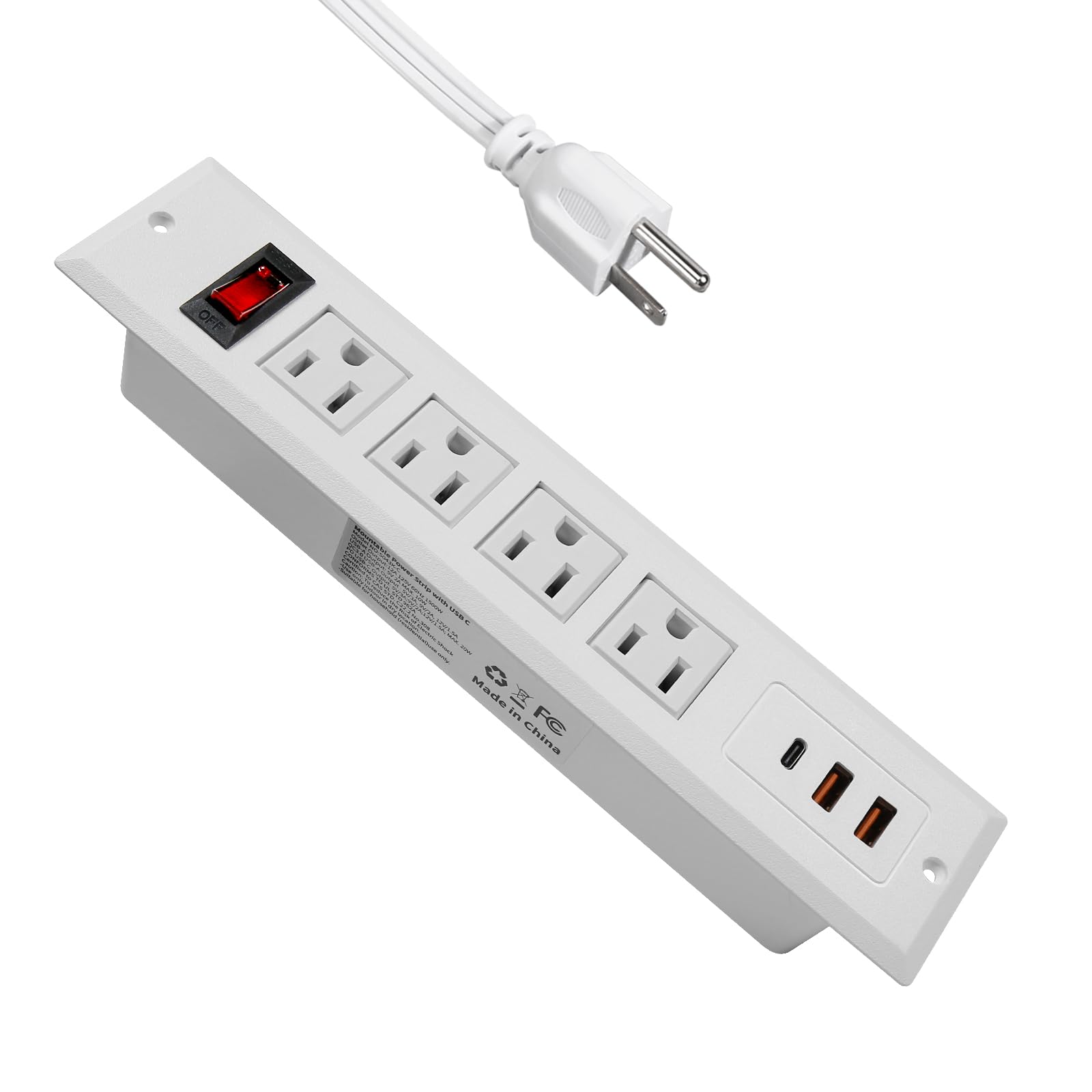 Photo 1 of Recessed Power Strip Type C 20W PD Fast Charge Desk Power Outlet 4 Outlets 2 USB and 1 USB C Built in Furniture Extension Power Plug for Dorm Office (White)
