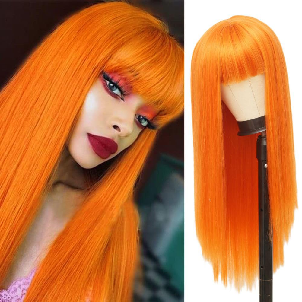 Salaibs Orange Wig with Bangs Womens Long Straight 28 Inch Wig Highlight Synthetic Fiber Hair Wigs for Cosplay Costume Halloween Party Use — image 1