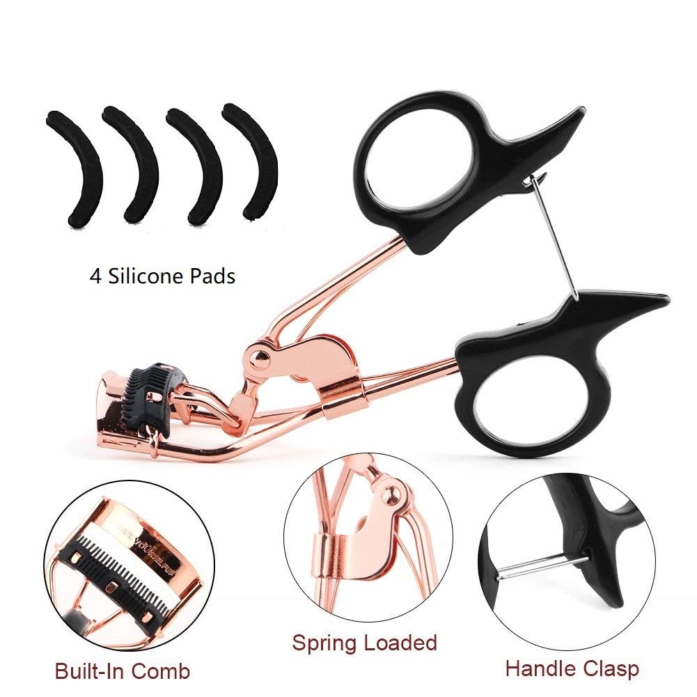 Eyelash Curler with Comb, SYU Professional Eyelash Curler Spring Loaded Separates Lashes with No Pinching Long lasting & Natural Looking Curl Fits All Eye Shapes 2 Free Refill Pads included. (A)