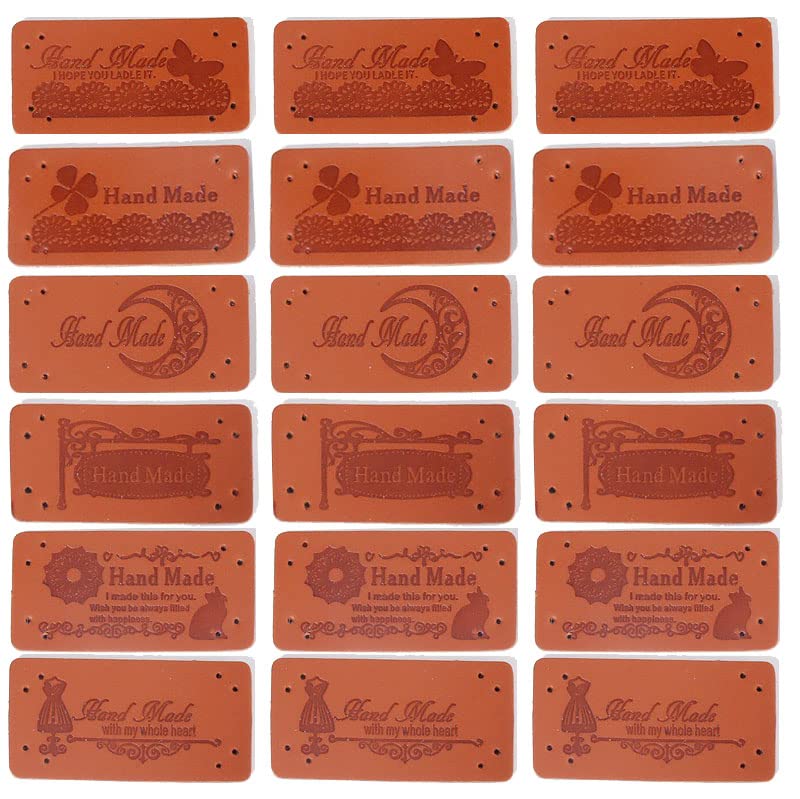 Houhounb PU Leather Labels: Handmade Rectangle Sewing Tags, Embossed Tag Embellishment, Knitting Labels with Holes - 6 Styles Pack