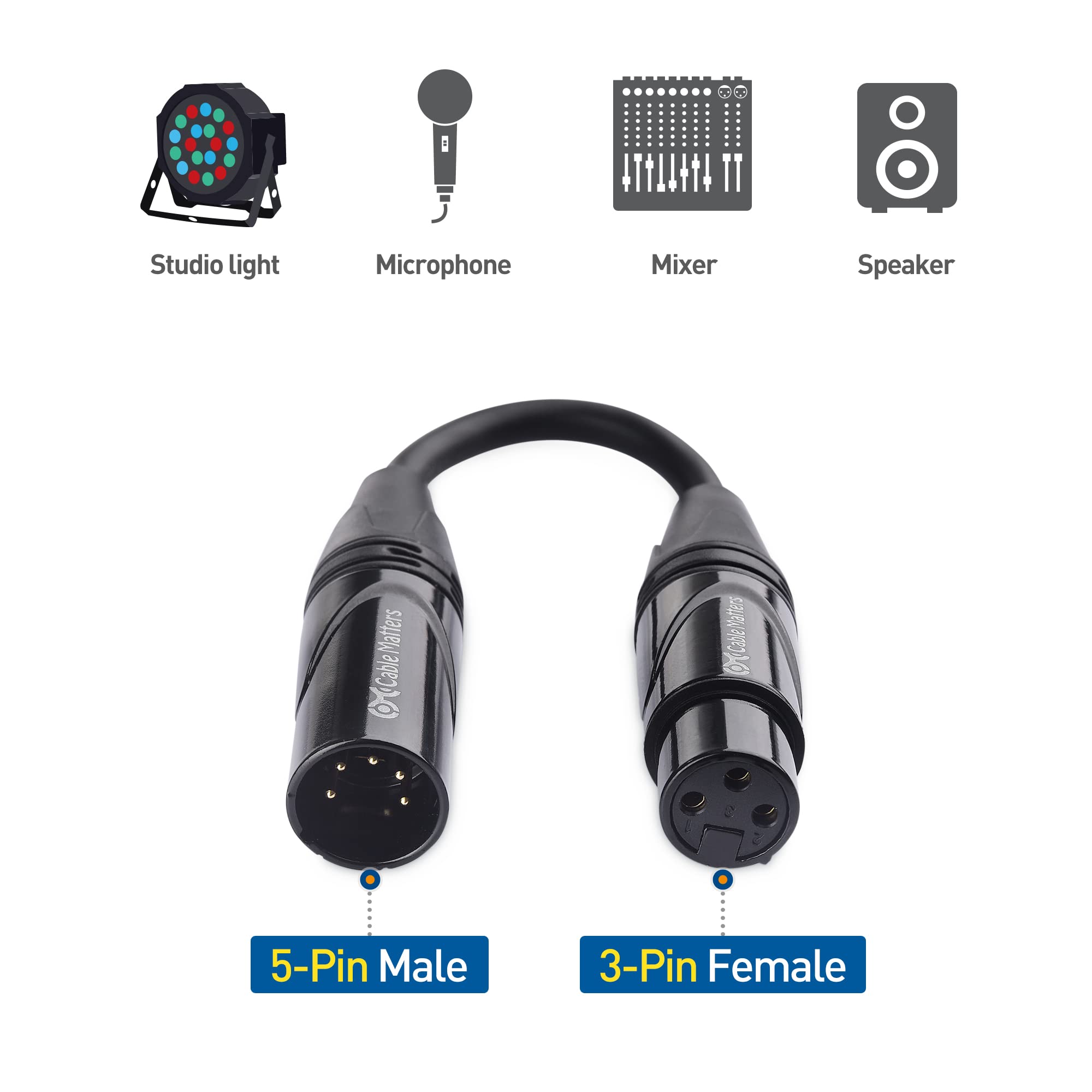 Cable Matters 2-Pack 5 Pin to 3 Pin DMX Lighting Cable - 6 Inches, 5Pin Male to 3Pin Female XLR/DMX Adapter Cable, Black
