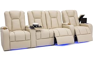 Seatcraft Serenity Italian Leather Home Theater Seating - Living Room - Power Recline - Tray Tables - in-Arm Storage - Ambient Base Lighting and Lighted Cupholders (Row of 4 Middle Loveseat, Cream)