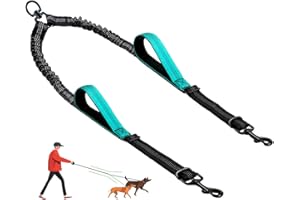 LEOSASA Double Dog Leash - No Tangle Splitter for Two Dogs, Coupler with Adjustable Long Lead Rope, Dual Control Handles, Retractable No Pull Bungee, Walk Train Small Medium Large 2 Pets (Blue)