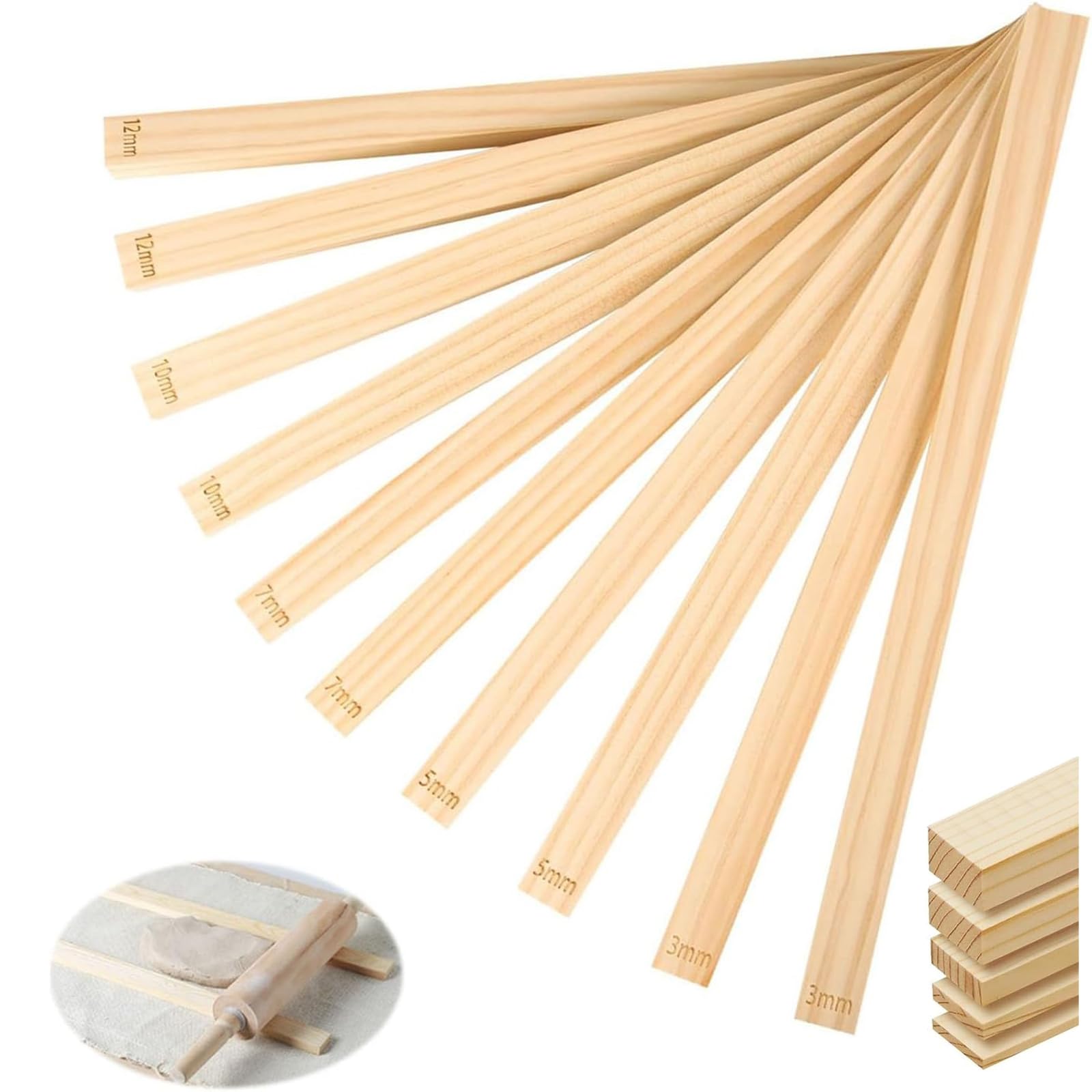 GIONAR 10pcs Pottery Clay Rolling Pin Thickness Guides Set, 5 Size Mud Stick Guides, 3mm 5mm 7mm 10mm 12mm Wood Rolling Guide Sticks, Wooden Clay Tools for Precise Polymer Clay Thickness Control