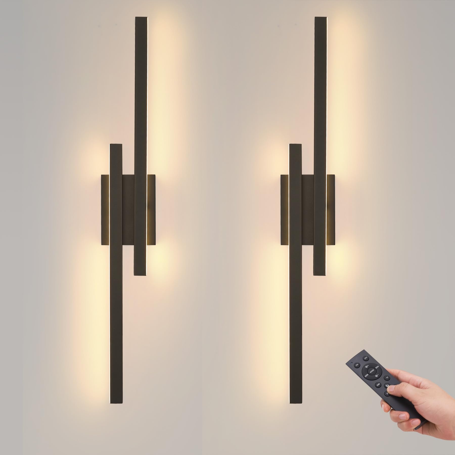 Photo 1 of Battery Operated LED Wall Sconces Set of 2, Wireless Rechargeable Wall Lights with Remote Control, 3000K-6000K Dimming Wall Decor Lamp for Living Room Hallway Dining Room Bedroom, 28.5 Inch Black