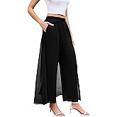 WANGZHI Women's Wide Leg Dress Pant Elegant Party Elastic Waist Trouser with Pockets