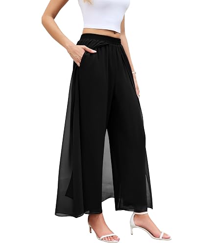 black chiffon dress pants WANGZHI Women's Wide Leg Pant Flowy Double Layer Casual Basic square neck midi Trending Check Square Neck Sleeve Length Color:M-Black evening dressy pant suits to wear to a wedding
