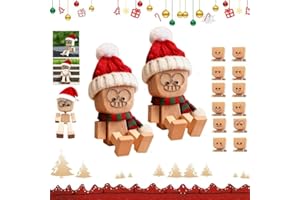EEOO Shaking Wooden Man Figurine, Christmas Series, Handmade Shaking Feet Wooden Doll Wearing Santa hat with 12Pcs Magnetic Expressions, Creative Gifts Commutes Car Dashboard Decorations
