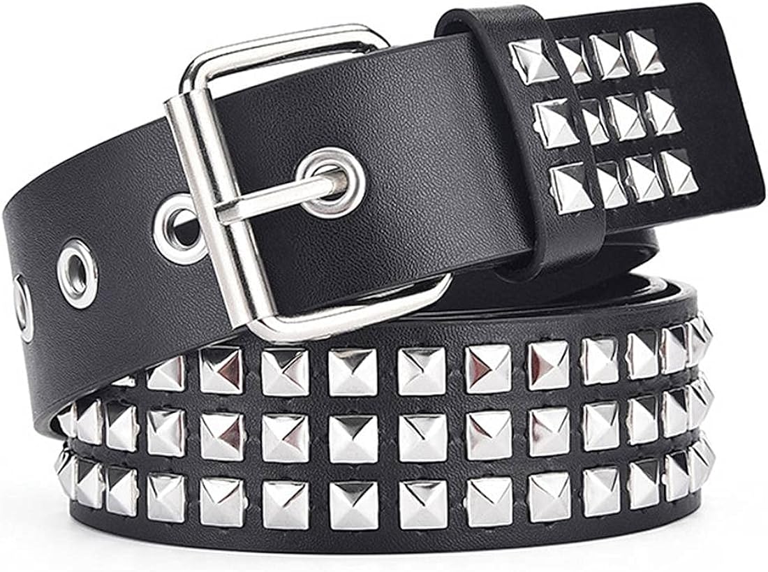 JNKET Punk Rock Three Row Rivets Belt PU Leather Cinturon Pin Buckle
