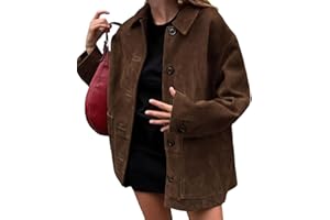 chouyatou Women's Fall Boyfriend Faux Suede Leather Jacket Casual Midi Long Button Down Shacket Coat