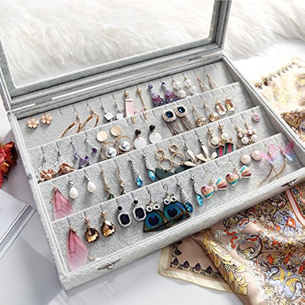 Clear Jewelry Trays Lid Earrings Organizer Holder Velvet Display