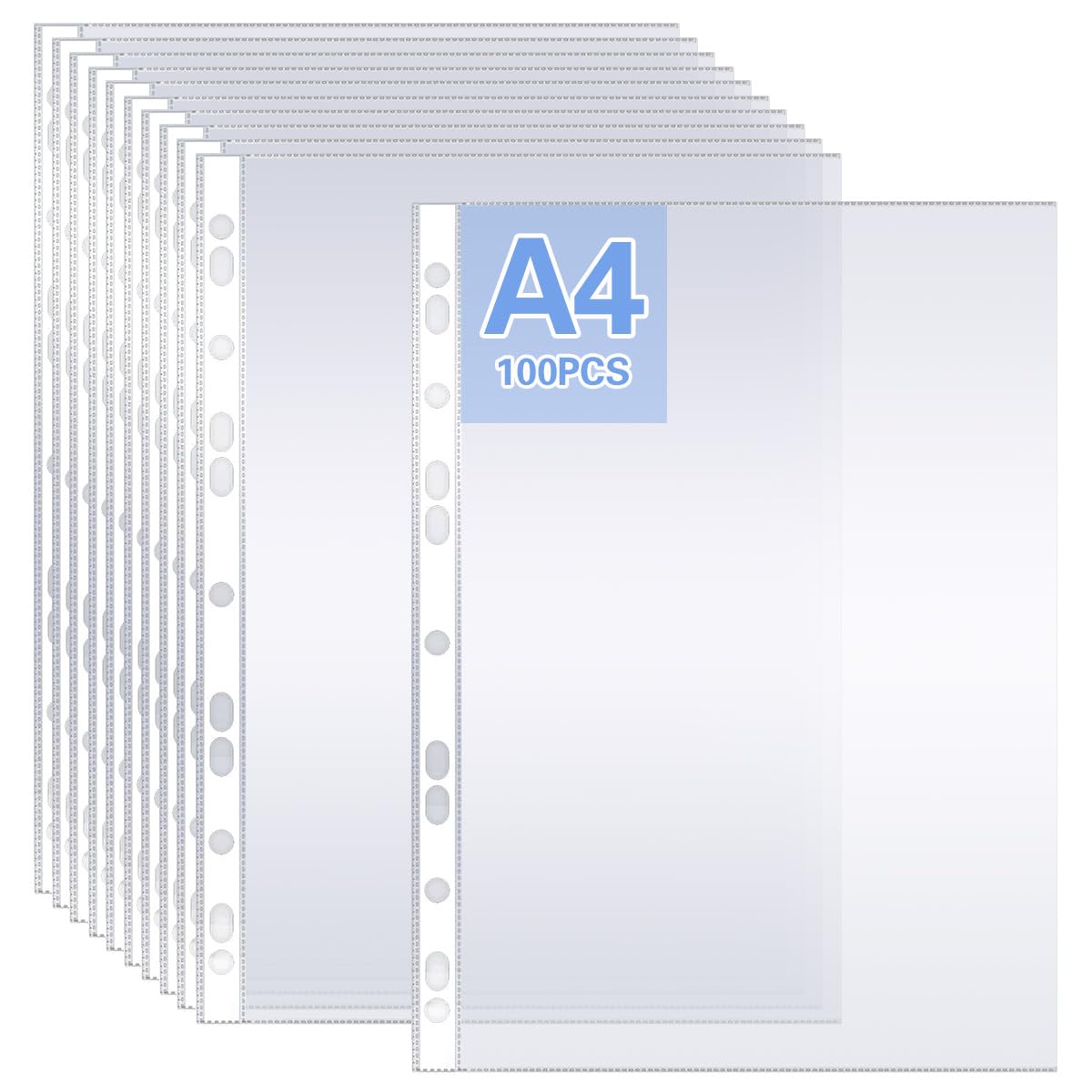 BATINO 100Pack Punched Pockets, A4 Clear Plastic Wallets 90 Micron Extra Strong Plastic Sleeves Clear Wallets Top Opening Poly Pocket Sheet Protectors for Ring Binder File Folders