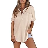 Astylish Women Waffle Knit Tops Henley Shirts Short Sleeve V Neck Solid Color Casual Tunic