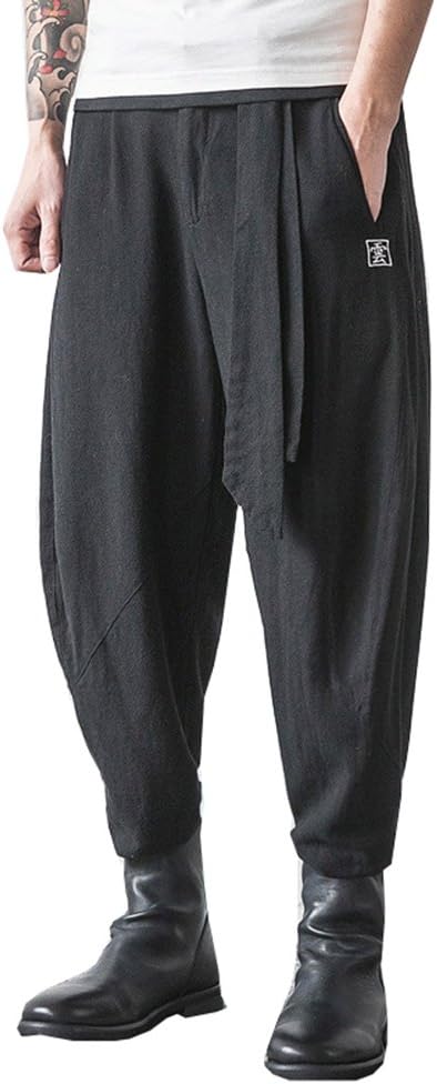 Men Trousers Japanese Samurai Style Boho Casual Low Drop Crotch Loose Fit Harem Baggy Hakama Capri Linen Pants Trousers