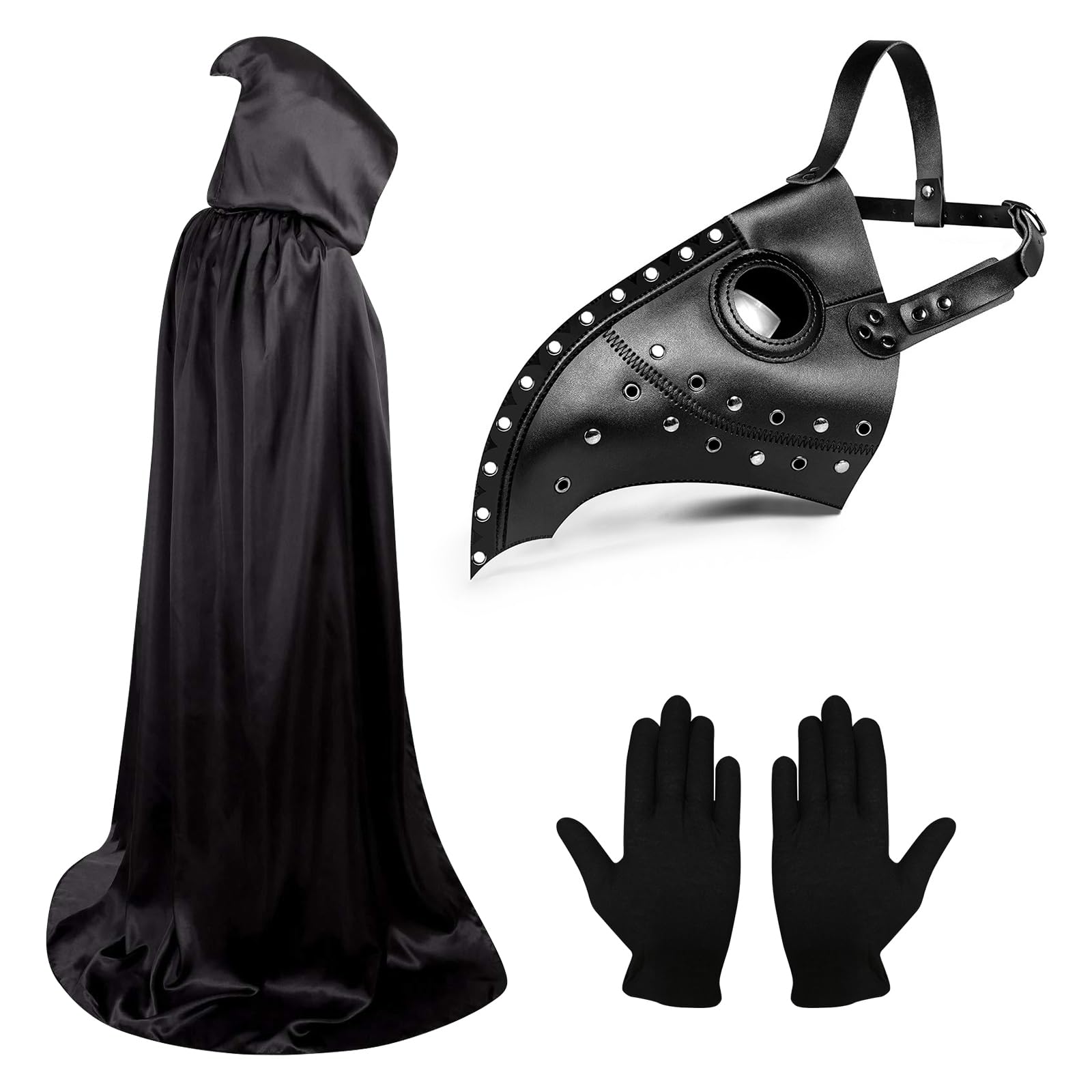 Lifreer Halloween Plague Doctor Mask, Halloween Costume Props, Plague Doctor Costume, Steampunk Halloween Mask, Long Nose Bird Beak Mask Gloves, Hooded Cloak Halloween Cosplay Party Men , Black C