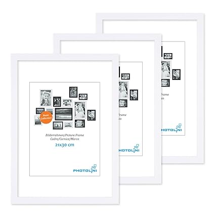 PHOTOLINI 3er Set Bilderrahmen 21x30 cm Din A4 Modern Weiss aus MDF mit Acrylglas/Portraitrahmen / Wechselrahmen