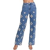 Unybwonn Straight Leg Jeans for Women High Waisted Wide Leg Hollow Rhinestone Floral Denim Pants Pearl Glitter Trousers