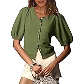 Saodimallsu Womens Puff Short Sleeve Cardigan Lightweight Summer Button Down Shirts Knit Crew Neck Sweater Tops