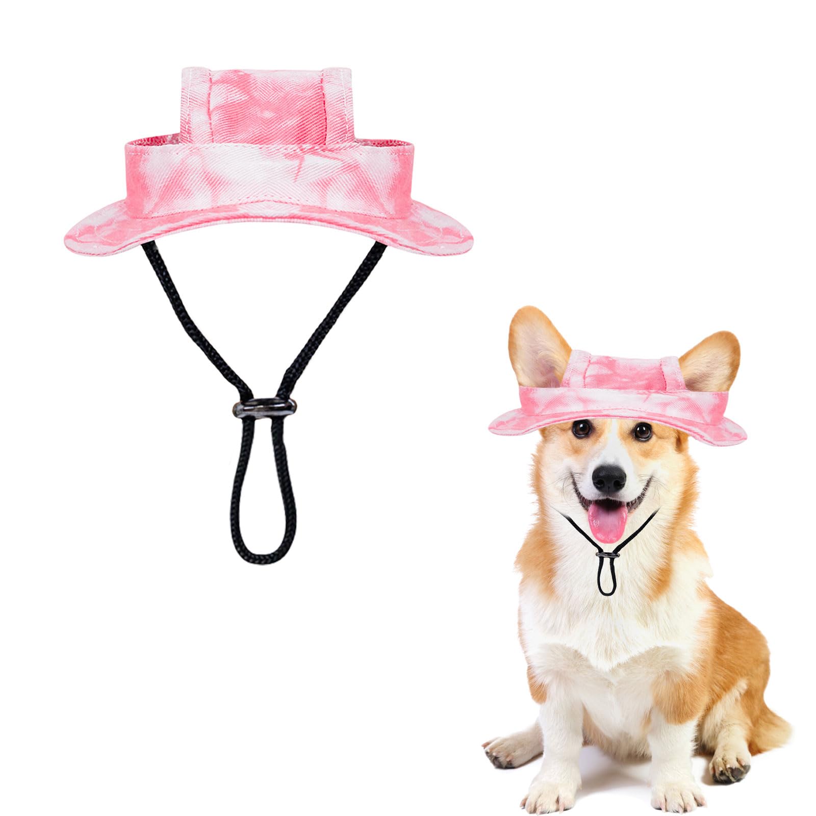 Dog Sun Hat,1PC Adjustable Princess Dog Bucket Hat with Ear Holes,Round Brim Dogs Visor Cap Pet Fisherman Hats for Pupies Small Dogs Cat Outdoor Sport (Pink, L)