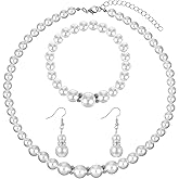 Yolev Pearl Jewelry Set for Women White Faux Pearl Earrings and Necklace Bracelet Set Rhinestone Crystal Pearl Set Jewelry for Women Bridal Wedding Birthday Valentine Christmas Day Gifts