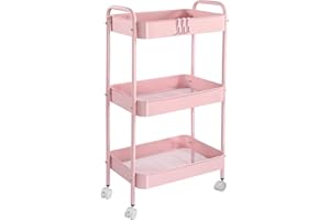 3 Tier Metal Rolling Cart with Wheels, Utility Storage Cart with Handle and Lockable Casters, Storage Basket Organizer Shelve