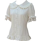 TanQiang Women's Sweet Lolita Shirt Short Puff Sleeve Flower Embroidered Peter Pan Collar White Ruffle Blouse