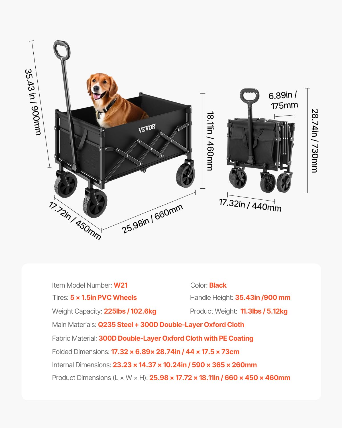 VEVOR Bollerwagen 66x45x46 cm, 102 kg Faltbarer Transportwagen mit Geländerädern, Outdoor-Allzweckwagen mit verstellbarem Griff, Campingwagen für Strand, Lebensmittelgeschäft, Garten, Schwarz 7