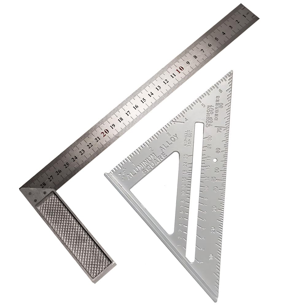 2PCS Metal Speed Square Set - 7-inch Triangle Ruler and 12-inch Angle Ruler - High Precision Tool for Woodworking, Roofing and Windows, Home Builders Measuring Tool