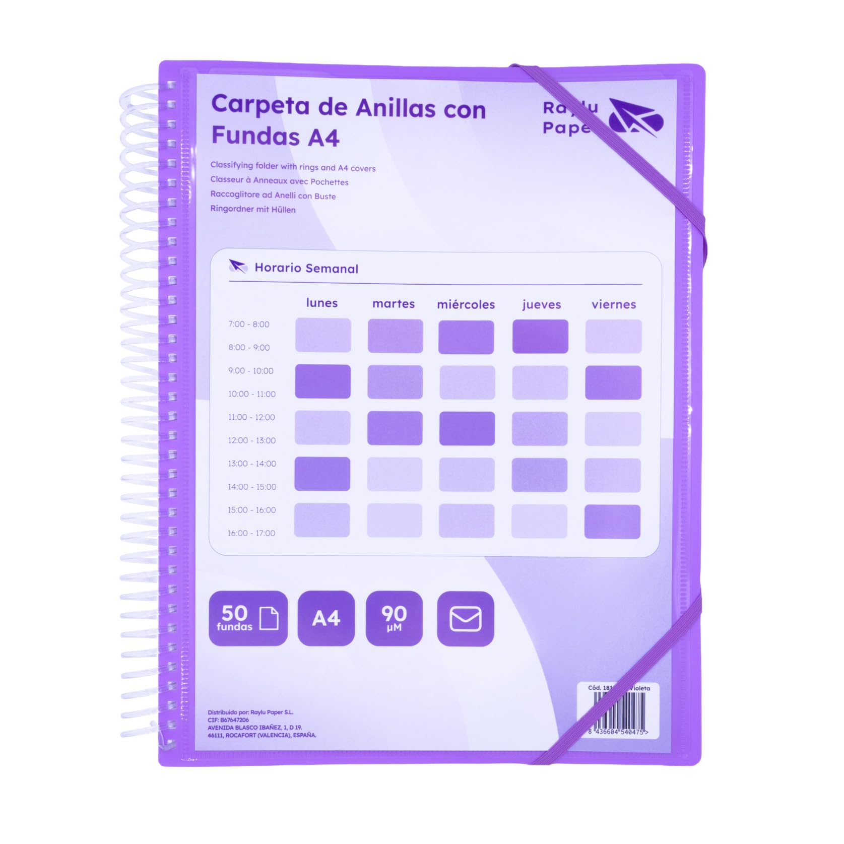 Raylu Paper® A4 90 Micron Ring Binder with Ring Binder and Envelope with Velcro Closure, Customisable Cover. 100% Biodegradable Binder (50 Pockets, Violet)