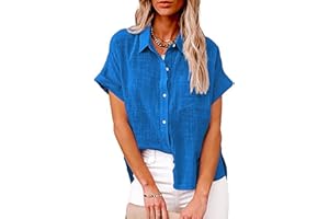 ATTINE Tops for Women Casual Loose, Women's Solid Button Down Shirts Short Sleeve Blouse O Neck Blouses Dressy Casual