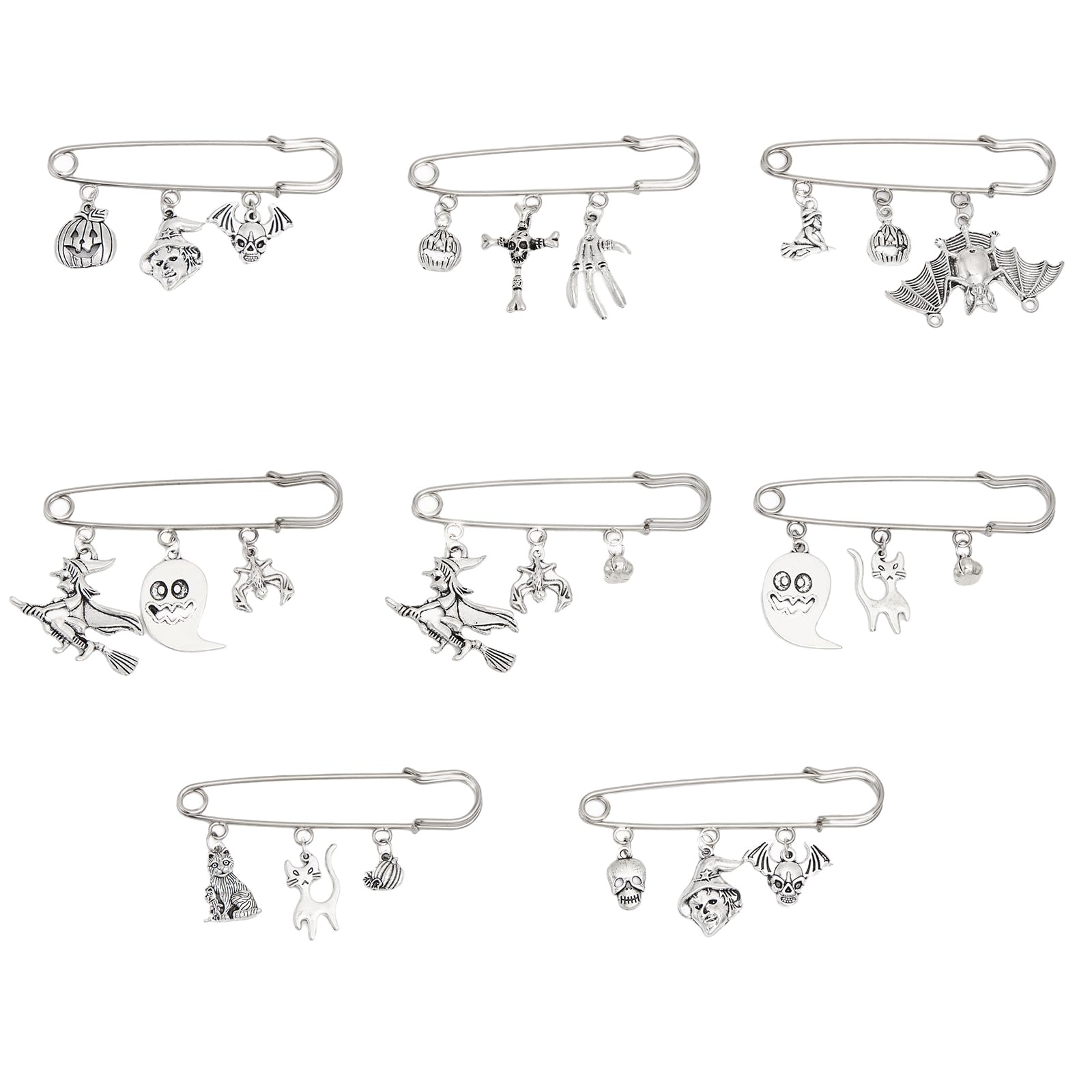 CHGCRAFT 8Pcs 8Styles Halloween Zinc Alloy Charms Safety Pin Brooches Set Lapel Pins for Backpack Clothes Decoration, Antique Silve