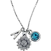 Personalized Sunflower Charm Necklace with Birthstone and Initial Charm, Flower Pendant, You are My Sunshine Gifts Sunflower Jewelry for Girls