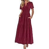 PRETTYGARDEN Womens Spring Maxi Dress Short Sleeve V Neck Cotton Hollow Out A Line Beach Vacation Long Dresses with Pockets