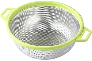 HiramWare Stainless Steel Colander with Handle and Legs, Large Metal Green Strainer for Pasta, Spaghetti, Berry, Veggies, Fru