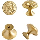 HIZEFSOO 4PCS Gold Brass Drawer Knobs, Solid Copper Gold Brass Cabinet Knobs Decorative Knob Vintage Antique Flower Round Brushed Gold Solid Copper Drawer Cabinet Dresser Knob Pull Handle