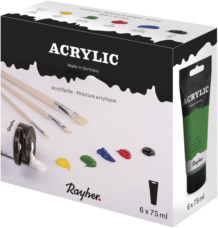 Rayher Set of 6 Quality Acrylic Paints for Canvas Wall Art 75ml Colour Tubes for Painting and Crafts assorted colours, 38931000
