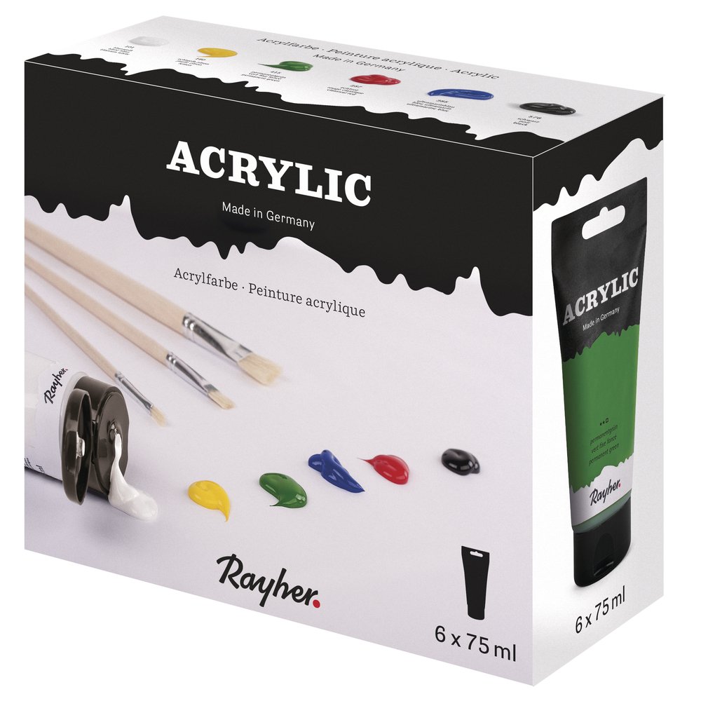 Rayher Set of 6 Quality Acrylic Paints for Canvas Wall Art, 75ml Colour Tubes for Painting and Crafts, assorted colours, 38931000