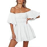 Dokotoo Womens Off The Shoulder Summer Dresses 2026 Short Lantern Sleeve Ruffle Elastic Waist A-Line Casual Mini Dress