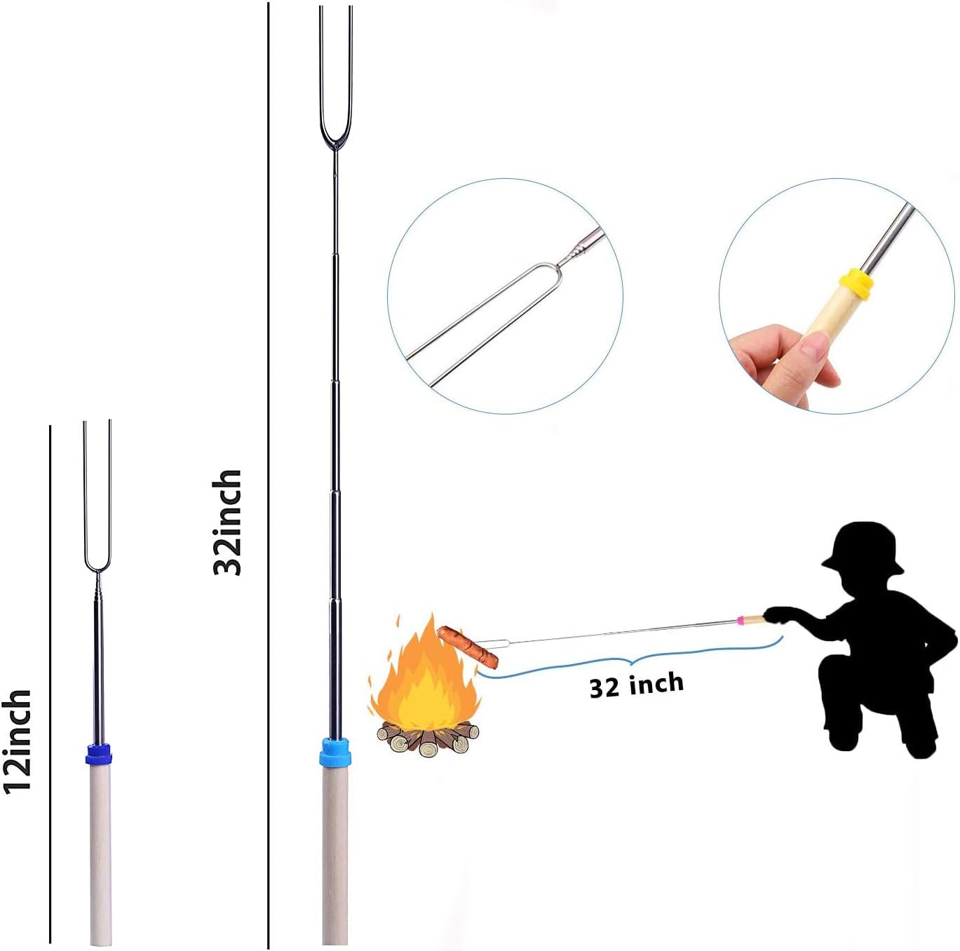 Marshmallow Roasting Smores Sticks 32-inch Wooden Handle Extendable Sturdy Stainless Steel Roasting Forks for BBQ, Campfire, Hot Dog, Telescoping Camping Safe for Kids 8 Pcs Sticks with Storage Bag : Garden & Outdoor