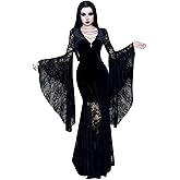 LANSHULAN Women Gothic Bat Sleeve Lace Patchwork Velvet Goth Vintage Dress for Halloween Costume