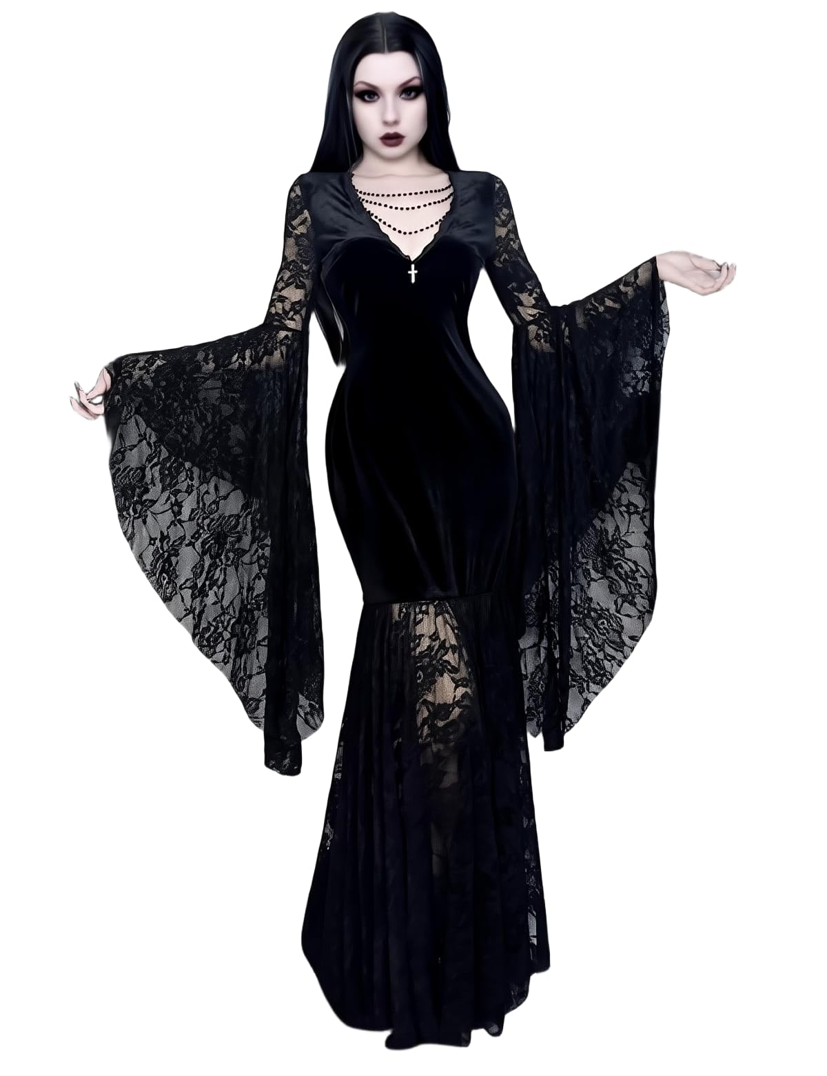 Photo 1 of LANSHULAN Women Gothic Bat Sleeve Lace Patchwork Velvet Goth Vintage Dress for Halloween Costume Black