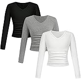 SOLY HUX 3 Pack Girl's Long Sleeve Shirts V Neck Basic T-Shirts Ruched Tops Spring Fall Layering Tees 8-12 Years