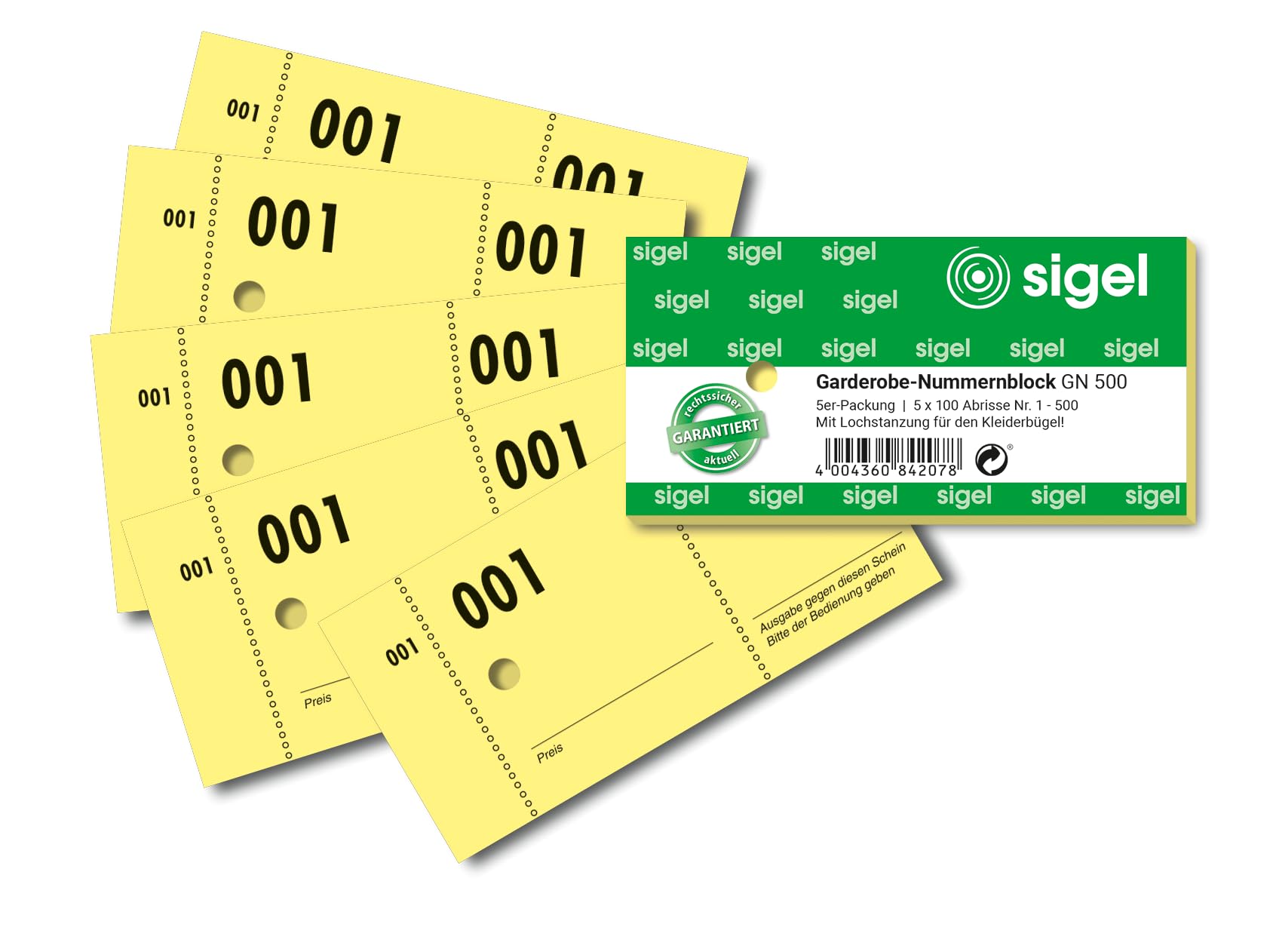 Sigel GN500 Wardrobe Number Blocks with Punched Holes 500 Bons Numbered 1-500 10.5 x 5 cm Single Yellow, Blue - Colour Choice not Possible.