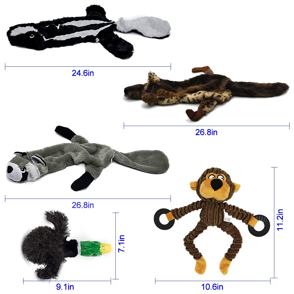 ATDAWN Squeaky Dog Toy, Unstuffed Dog Chew Toy, Value Pack 5 Plush Animal Dog Toy Set